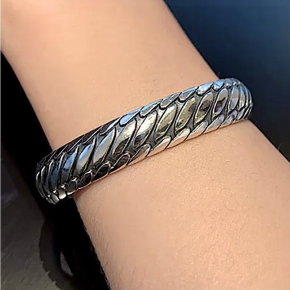 Sterling Silver Chain Design Engraved Cuff Bangle Bracelet - Picture 9 of 9